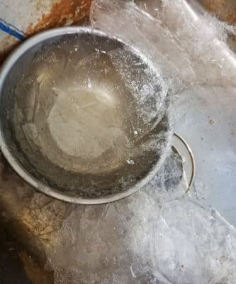 Frozen water at the shelter 